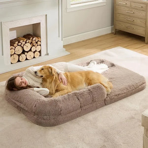 2 in 1 Calming Human Size Giant Dog Bed Fits Pet Families With Egg Foam Supportive Mat and Waterproof Liner Camel Mattresses