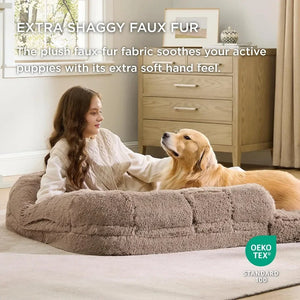 2 in 1 Calming Human Size Giant Dog Bed Fits Pet Families With Egg Foam Supportive Mat and Waterproof Liner Camel Mattresses