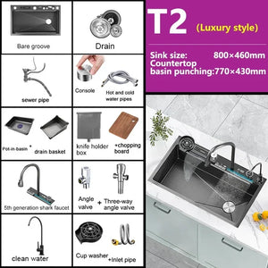 304 Stainless Steel Kitchen Sink Double Waterfall Integrated Digital Display Faucet Set Embossed Washing Basin For Kitchen