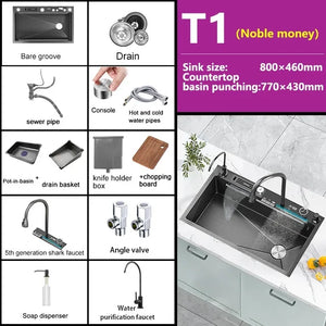 304 Stainless Steel Kitchen Sink Double Waterfall Integrated Digital Display Faucet Set Embossed Washing Basin For Kitchen