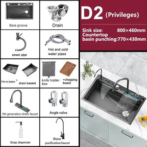 304 Stainless Steel Kitchen Sink Double Waterfall Integrated Digital Display Faucet Set Embossed Washing Basin For Kitchen