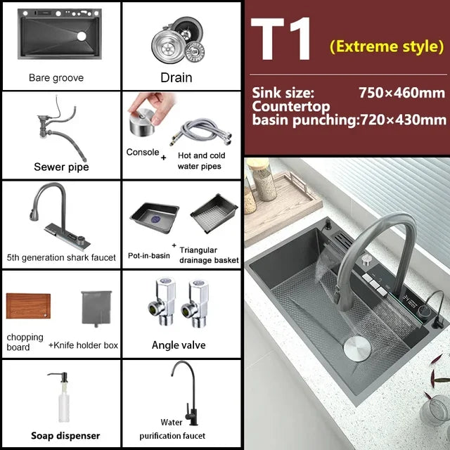 304 Stainless Steel Kitchen Sink Double Waterfall Integrated Digital Display Faucet Set Embossed Washing Basin For Kitchen