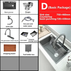 304 Stainless Steel Kitchen Sink Double Waterfall Integrated Digital Display Faucet Set Embossed Washing Basin For Kitchen