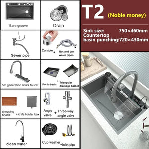 304 Stainless Steel Kitchen Sink Double Waterfall Integrated Digital Display Faucet Set Embossed Washing Basin For Kitchen