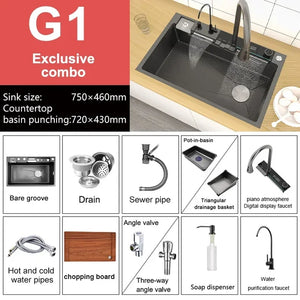 304 Stainless Steel Kitchen Sink Double Waterfall Integrated Digital Display Faucet Set Embossed Washing Basin For Kitchen