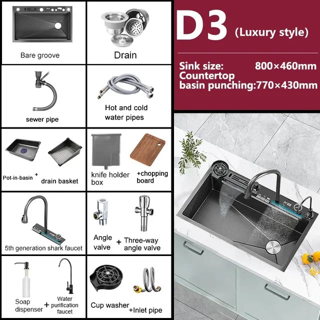 304 Stainless Steel Kitchen Sink Double Waterfall Integrated Digital Display Faucet Set Embossed Washing Basin For Kitchen