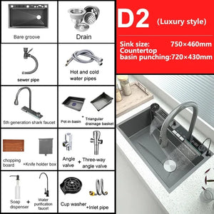 304 Stainless Steel Kitchen Sink Double Waterfall Integrated Digital Display Faucet Set Embossed Washing Basin For Kitchen