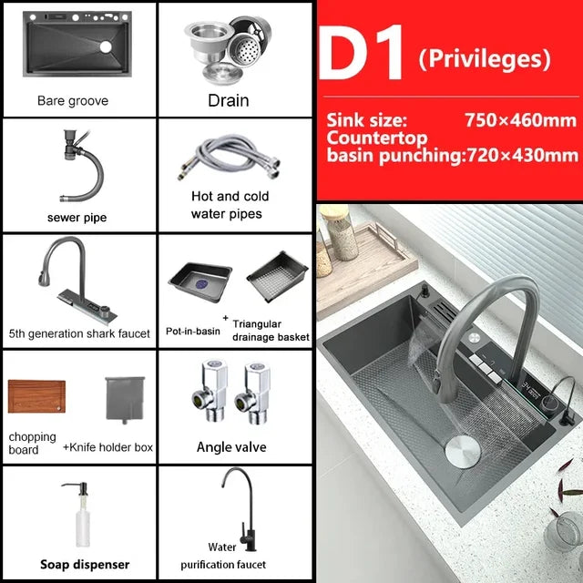 304 Stainless Steel Kitchen Sink Double Waterfall Integrated Digital Display Faucet Set Embossed Washing Basin For Kitchen