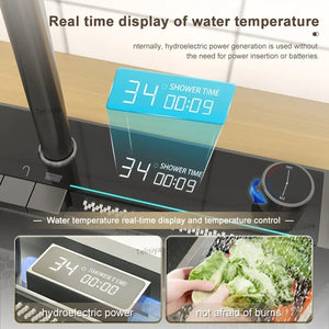 304 Stainless Steel Kitchen Sink Double Waterfall Integrated Digital Display Faucet Set Embossed Washing Basin For Kitchen