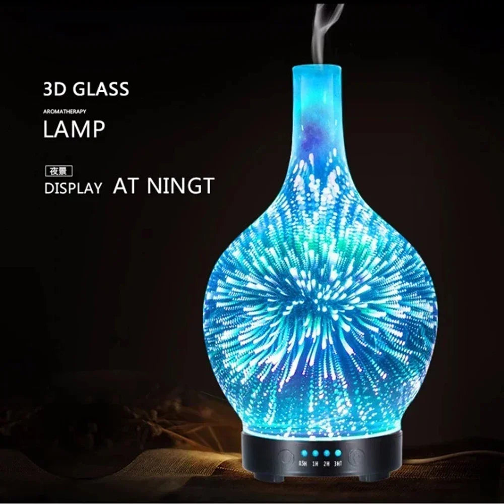 3D Fireworks Air Humidifier Glass Aromatic Machines Ultrasonic Essential Oil Aroma Diffuser 4 Timing 7 LED Lights 100ml for Home