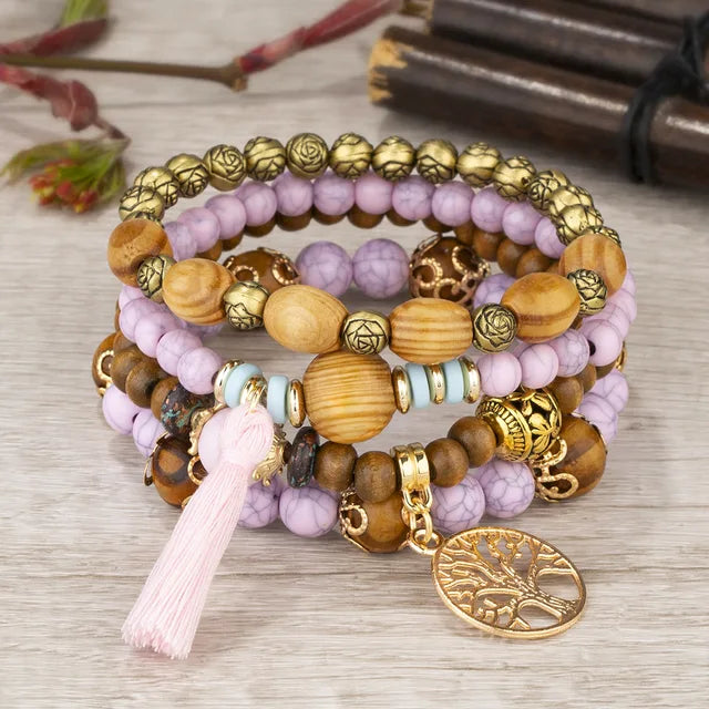 4Pcs Bohemia Tree Of Life Charm Beaded Bracelet Set For Women Handmade Wood Beads Chain Bangle Female Boho Jewelry