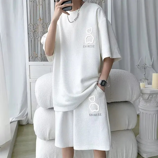 Men's Sports Suit New Korean High Street Fashion T-shirt Shorts Two-piece Set Men Retro Neck Top Designer Clothes Men