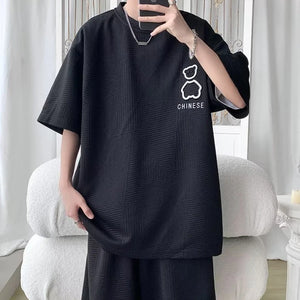 Men's Sports Suit New Korean High Street Fashion T-shirt Shorts Two-piece Set Men Retro Neck Top Designer Clothes Men