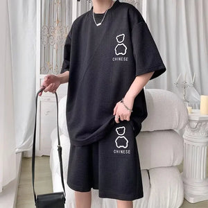 Men's Sports Suit New Korean High Street Fashion T-shirt Shorts Two-piece Set Men Retro Neck Top Designer Clothes Men