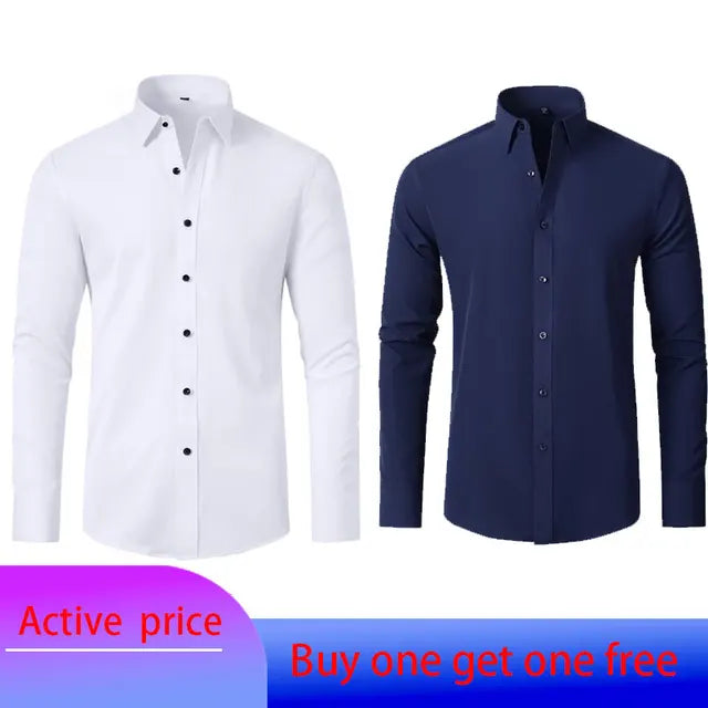 6xl New autumn and winter  elastic force non-iron men's long-sleeved business casual shirt solid color mercerized vertical shirt