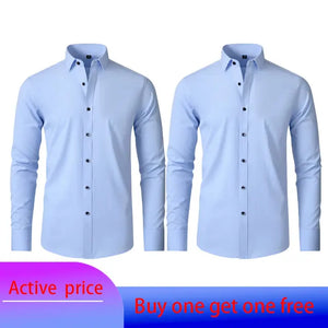 6xl New autumn and winter  elastic force non-iron men's long-sleeved business casual shirt solid color mercerized vertical shirt