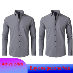 6xl New autumn and winter  elastic force non-iron men's long-sleeved business casual shirt solid color mercerized vertical shirt