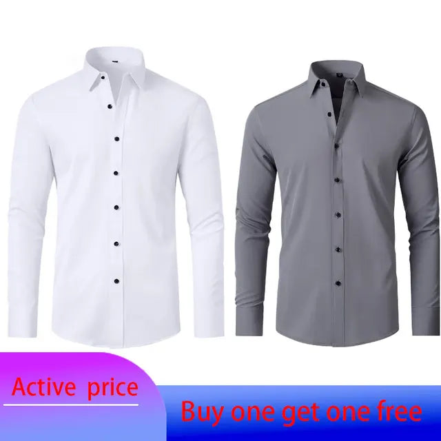 6xl New autumn and winter  elastic force non-iron men's long-sleeved business casual shirt solid color mercerized vertical shirt