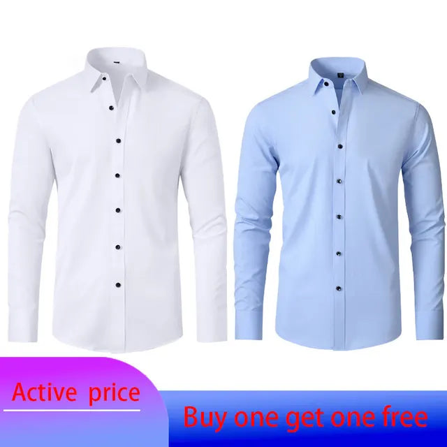 6xl New autumn and winter  elastic force non-iron men's long-sleeved business casual shirt solid color mercerized vertical shirt