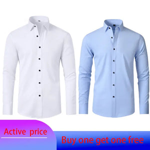 6xl New autumn and winter  elastic force non-iron men's long-sleeved business casual shirt solid color mercerized vertical shirt