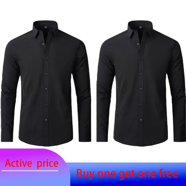 6xl New autumn and winter  elastic force non-iron men's long-sleeved business casual shirt solid color mercerized vertical shirt