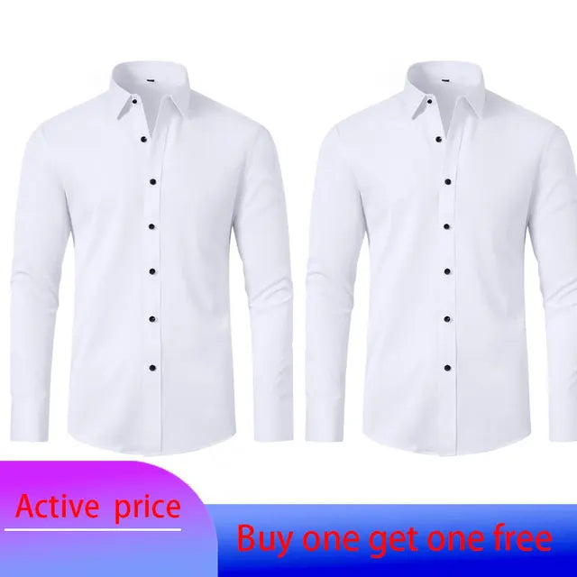 6xl New autumn and winter  elastic force non-iron men's long-sleeved business casual shirt solid color mercerized vertical shirt