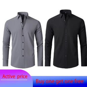 6xl New autumn and winter  elastic force non-iron men's long-sleeved business casual shirt solid color mercerized vertical shirt