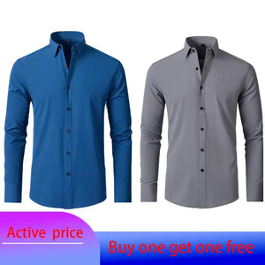 6xl New autumn and winter  elastic force non-iron men's long-sleeved business casual shirt solid color mercerized vertical shirt