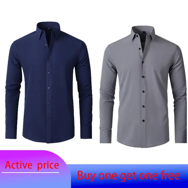 6xl New autumn and winter  elastic force non-iron men's long-sleeved business casual shirt solid color mercerized vertical shirt