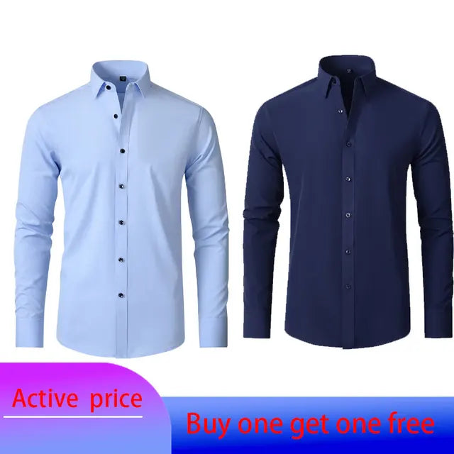 6xl New autumn and winter  elastic force non-iron men's long-sleeved business casual shirt solid color mercerized vertical shirt