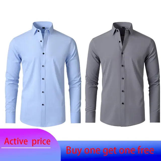 6xl New autumn and winter  elastic force non-iron men's long-sleeved business casual shirt solid color mercerized vertical shirt