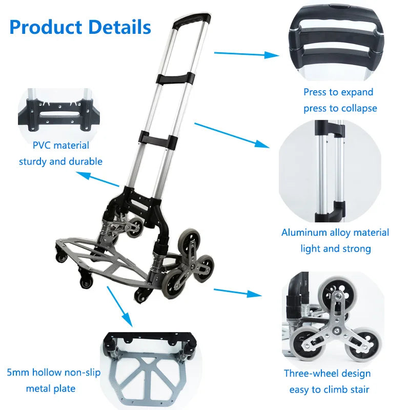 80KG Aluminum Alloy Three Wheels Set Climbing Stairs With Auxiliary Wheel Trolley Shopping Cart With Storage Bag, Fixed Rope