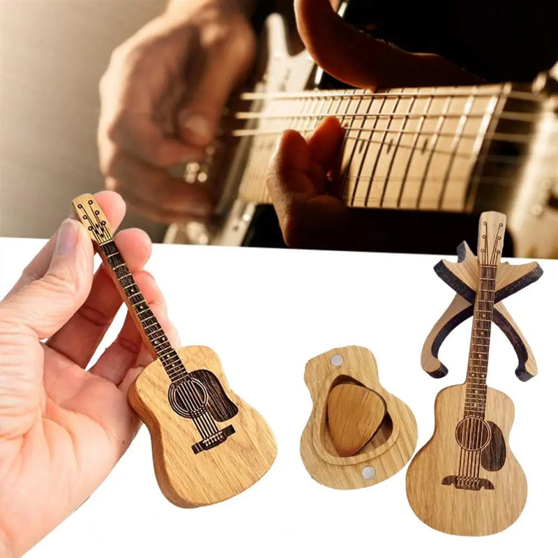 Wooden Acoustic Guitar Pick Box with Stand Smooth Edge Burr-Free Portable Handcrafted Guitar Picks Storage Container