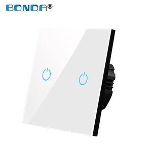 BONDA Wall Touch Switch 220V EU Standard Tempered Crystal Glass Panel Power 1/2/3 Gang 1 Way Light Sensor Switches Waterproof