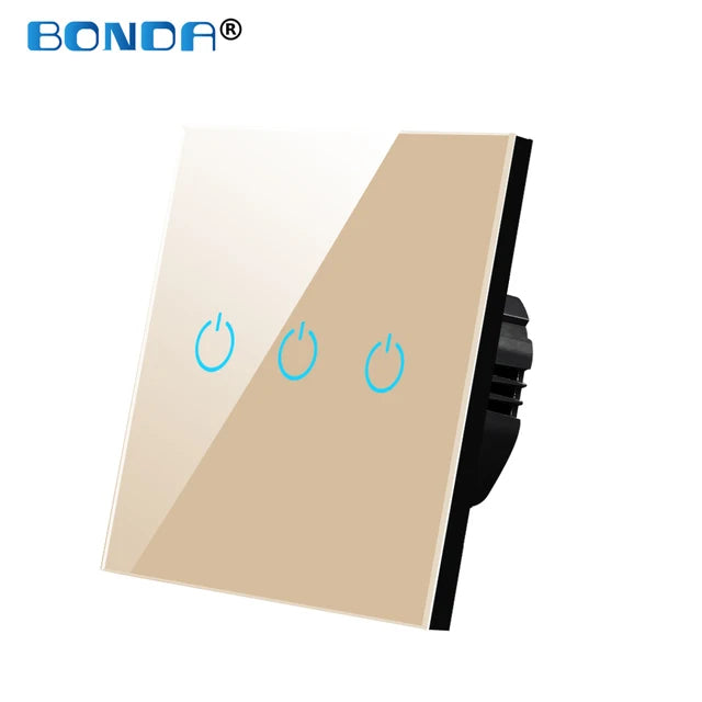 BONDA Wall Touch Switch 220V EU Standard Tempered Crystal Glass Panel Power 1/2/3 Gang 1 Way Light Sensor Switches Waterproof