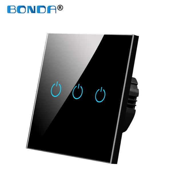 BONDA Wall Touch Switch 220V EU Standard Tempered Crystal Glass Panel Power 1/2/3 Gang 1 Way Light Sensor Switches Waterproof