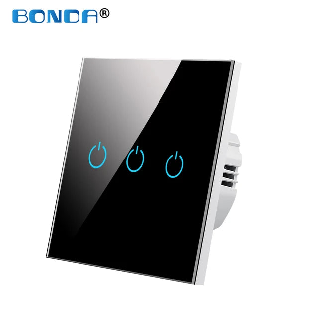 BONDA Wall Touch Switch 220V EU Standard Tempered Crystal Glass Panel Power 1/2/3 Gang 1 Way Light Sensor Switches Waterproof