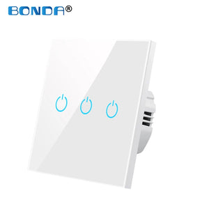 BONDA Wall Touch Switch 220V EU Standard Tempered Crystal Glass Panel Power 1/2/3 Gang 1 Way Light Sensor Switches Waterproof