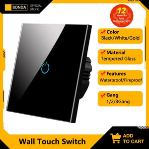 BONDA Wall Touch Switch 220V EU Standard Tempered Crystal Glass Panel Power 1/2/3 Gang 1 Way Light Sensor Switches Waterproof