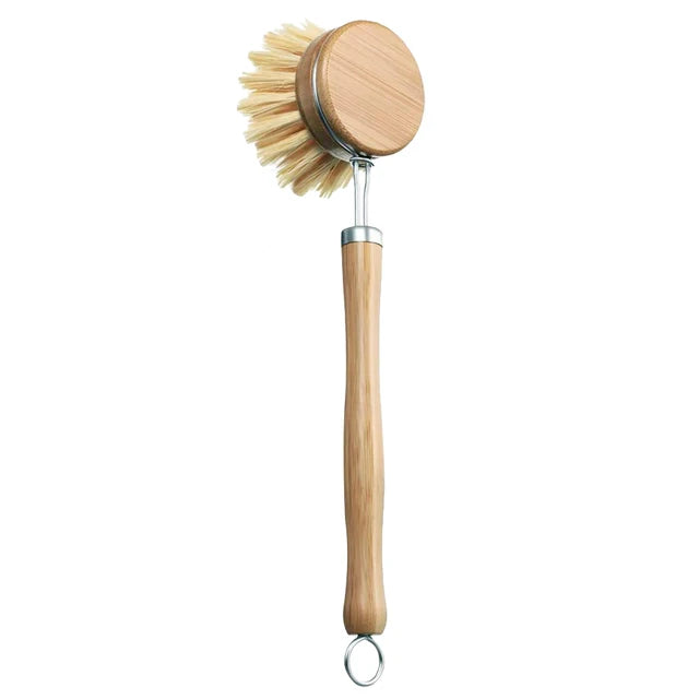 Bamboo Kitchen Cleaning Brush Natural Dishes Pots Pans Sink Washing Brush Eco-friendly Clean Scrubber with Draining Storage Tray