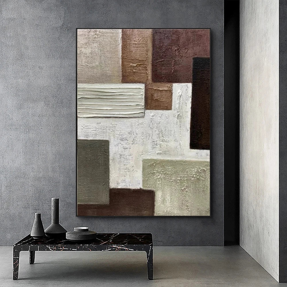 Contemporary Wall Art Handmade Abstract Geometry Thick Texture Canvas Painting Brown Grey Artwork Decortion Home Office Decor