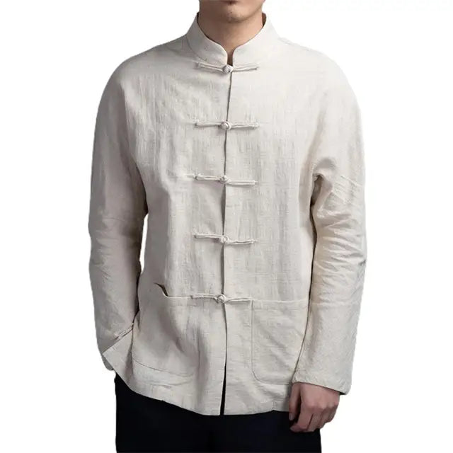 Cotton Traditional Chinese Tang Suit Top Clothes Men Long Sleeve Kung Fu Tai Chi Uniform Spring Autumn Shirt Blouse Coat