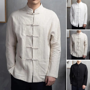 Cotton Traditional Chinese Tang Suit Top Clothes Men Long Sleeve Kung Fu Tai Chi Uniform Spring Autumn Shirt Blouse Coat