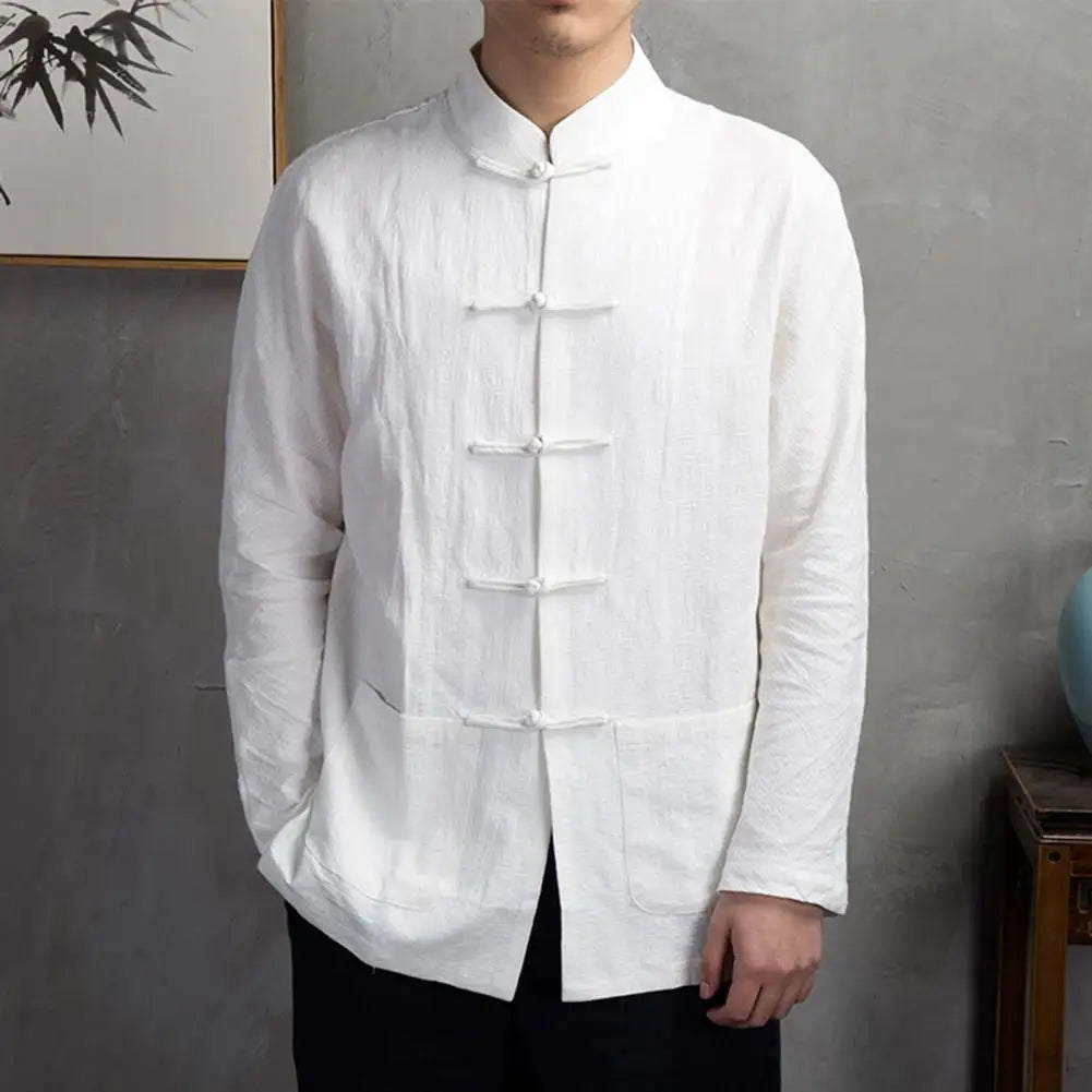 Cotton Traditional Chinese Tang Suit Top Clothes Men Long Sleeve Kung Fu Tai Chi Uniform Spring Autumn Shirt Blouse Coat