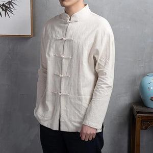 Cotton Traditional Chinese Tang Suit Top Clothes Men Long Sleeve Kung Fu Tai Chi Uniform Spring Autumn Shirt Blouse Coat