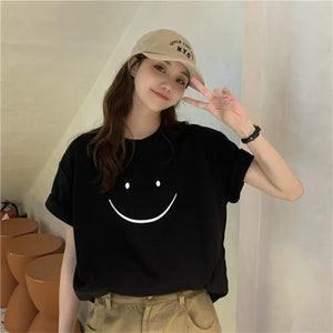 Cute Smiling Face White Short-sleeved T-shirt Women's Summer 2023 New Korean Style Top Clothes Loose Harajuku Short-sleeved