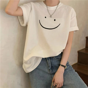 Cute Smiling Face White Short-sleeved T-shirt Women's Summer 2023 New Korean Style Top Clothes Loose Harajuku Short-sleeved