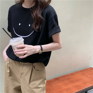 Cute Smiling Face White Short-sleeved T-shirt Women's Summer 2023 New Korean Style Top Clothes Loose Harajuku Short-sleeved