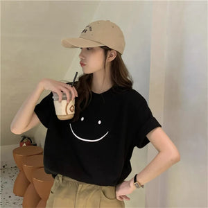 Cute Smiling Face White Short-sleeved T-shirt Women's Summer 2023 New Korean Style Top Clothes Loose Harajuku Short-sleeved