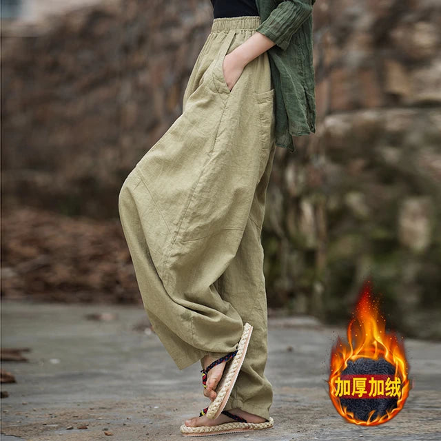 Elegant Women's Cotton Linen Baggy Cargo Pants Vintage Elastic Waist Yoga Trousers Loose Casual Long Wide Leg Oversize Clothes